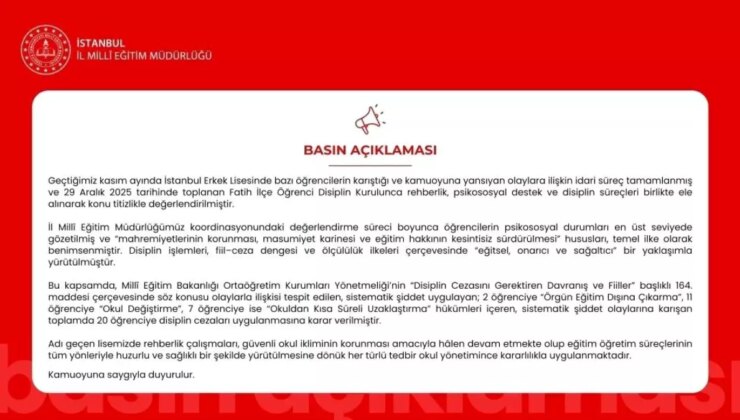 İstanbul Erkek Lisesi’ndeki kavga ile ilgili 20 öğrenciye disiplin cezası