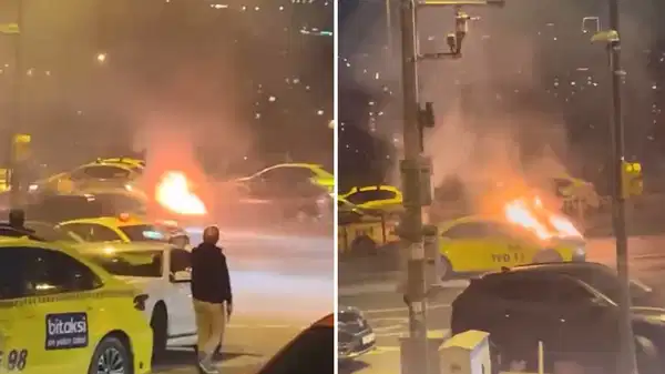 İstanbul’da panik anları… Yolcular alev alev yanan taksiden son anda kurtuldu!