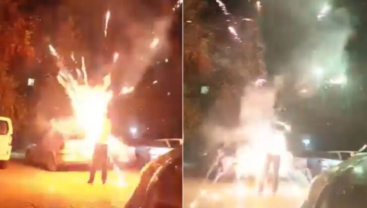 O anlar kamerada: Ateşlediği havai fişek elinde patladı!