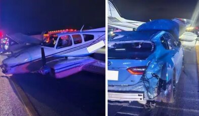 Uçak seyir halindeki otomobilin üzerine düştü