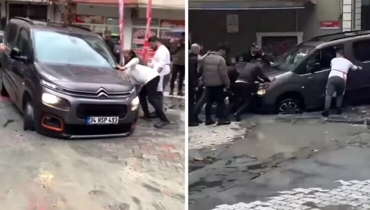 Yağmur sonrası yol çöktü, araçlar çukura düştü