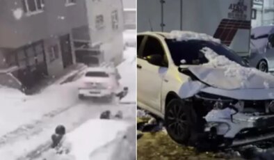 Araç kartopu oynayanlara çarptı: 2 çocuk yaralandı! Kaza anı kamerada