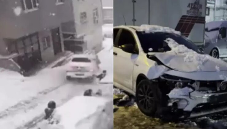 Araç kartopu oynayanlara çarptı: 2 çocuk yaralandı! Kaza anı kamerada