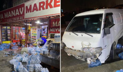 Arnavutköy’de kontrolden çıkan minibüs markete daldı