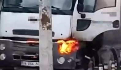 Beton kamyonu alev aldı, esnaf güçlükle söndürebildi