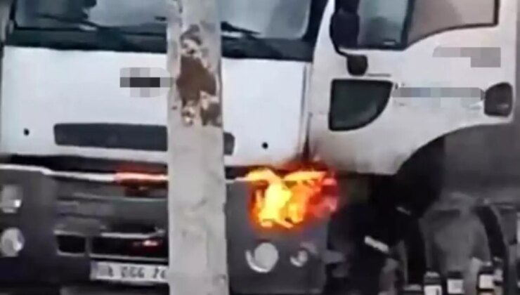 Beton kamyonu alev aldı, esnaf güçlükle söndürebildi