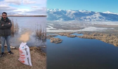 Gönüllüler donan Eber Gölü’ne kuşlar için yem bıraktı