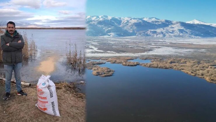 Gönüllüler donan Eber Gölü’ne kuşlar için yem bıraktı