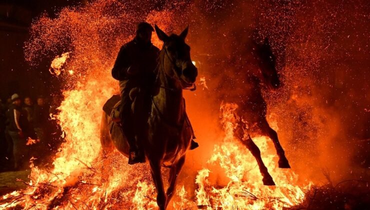 İspanya’da kutsanan atlar ateşin üzerinden atlatıldı