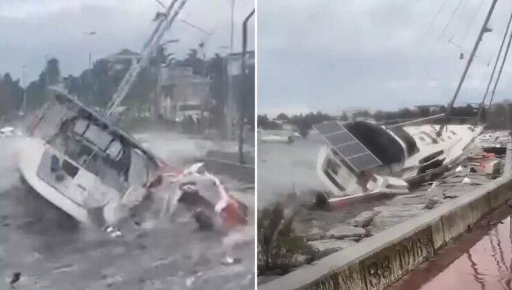 İstanbul’u fırtına vurdu! Dev dalgalar tekneyi oyuncak gibi savurdu