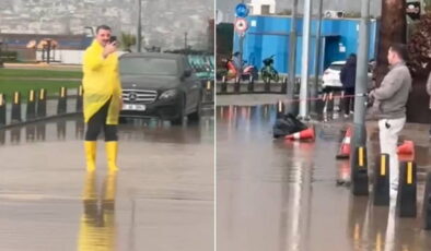 AKP’li başkan yağmuru böyle fırsat gördü: Bir kişinin eline olta verip kayda almış!