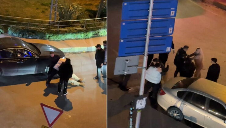 Şişli’de sokak ortasında gergin anlar: Kendini yere atıp, direği yumrukladı