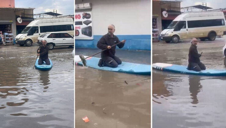 Adana’da sağanak sanayiyi vurdu: Tamir ustasından sanayi sitesinde kürek sörfü!