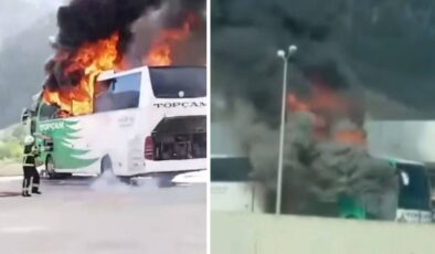 Terminalde yolcu otobüsü alev alev yandı