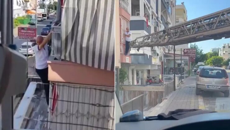 Balkon demirinde asılı kaldı: İtfaiye kurtardı