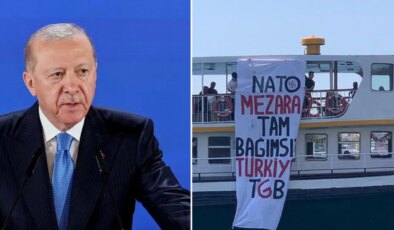 Dolmabahçe’de Erdoğan konuştu, Boğaz’da NATO protesto edildi