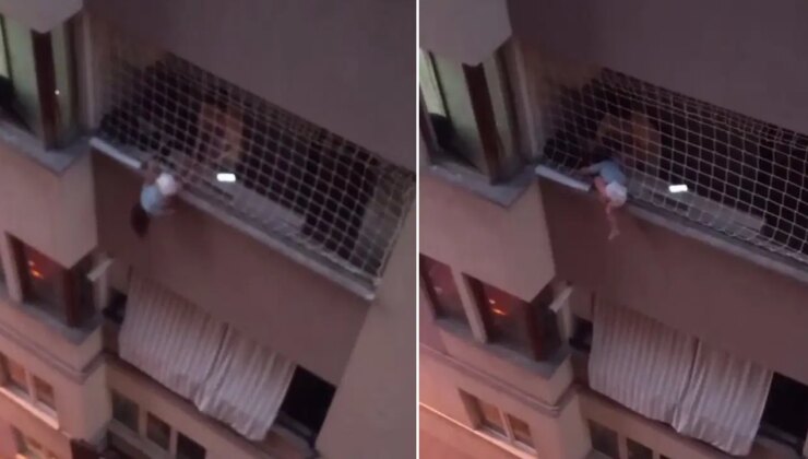 Korku dolu anlar… Balkon filesinde asılı kalan çocuğunu düşmesin diye dakikalarca tuttu