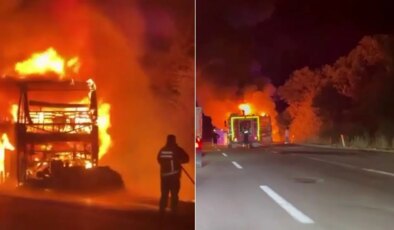 Faciadan dönüldü… Anadolu Otoyolu’nda yolcu otobüsü yandı