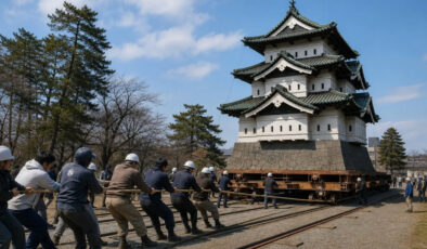 Japonya’da 360 tonluk kaleyi bin 800 kişi halatlarla çekti