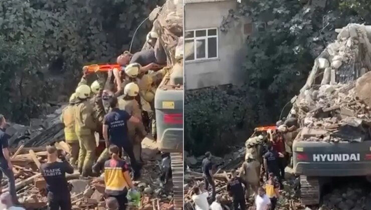 Küçükçekmece’de yıkımı yapılan bina iş makinesinin üzerine çöktü