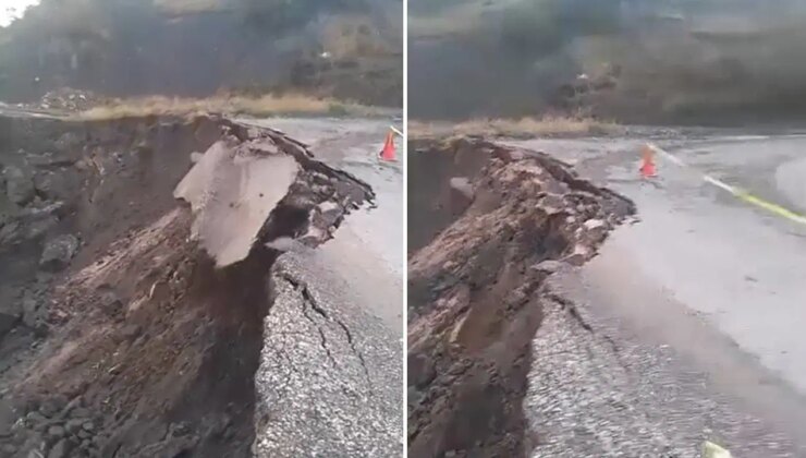 Tokat’ta heyelan: Köy yolunun çökme anı kamerada
