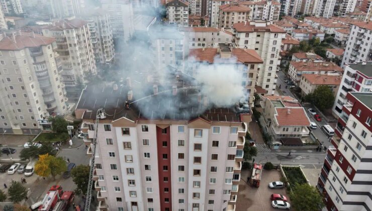 Kayseri’de 9 katlı apartmanın çatısında yangın paniği
