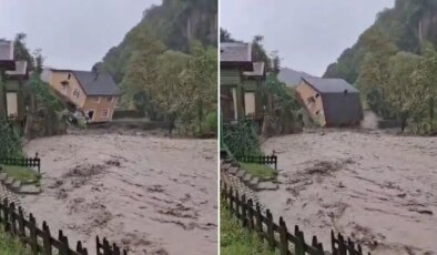 Sakarya’da korkutan anlar: İki katlı ev dereye devrildi