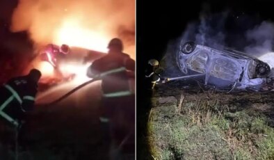 Takla atan otomobil alev alev yandı: Sürücü son anda kurtuldu